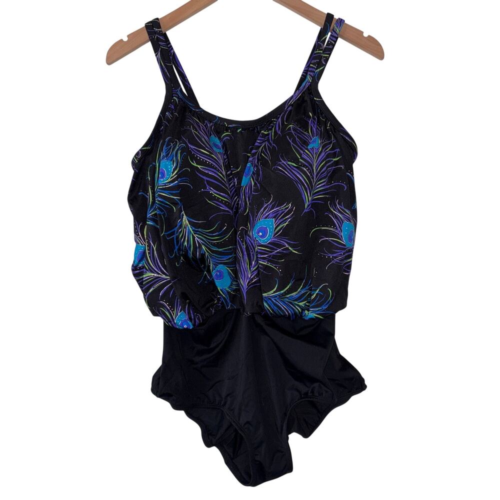 Longitude Womens One Piece Swimsuit 16W Peacock Feather Black Purple Vacation